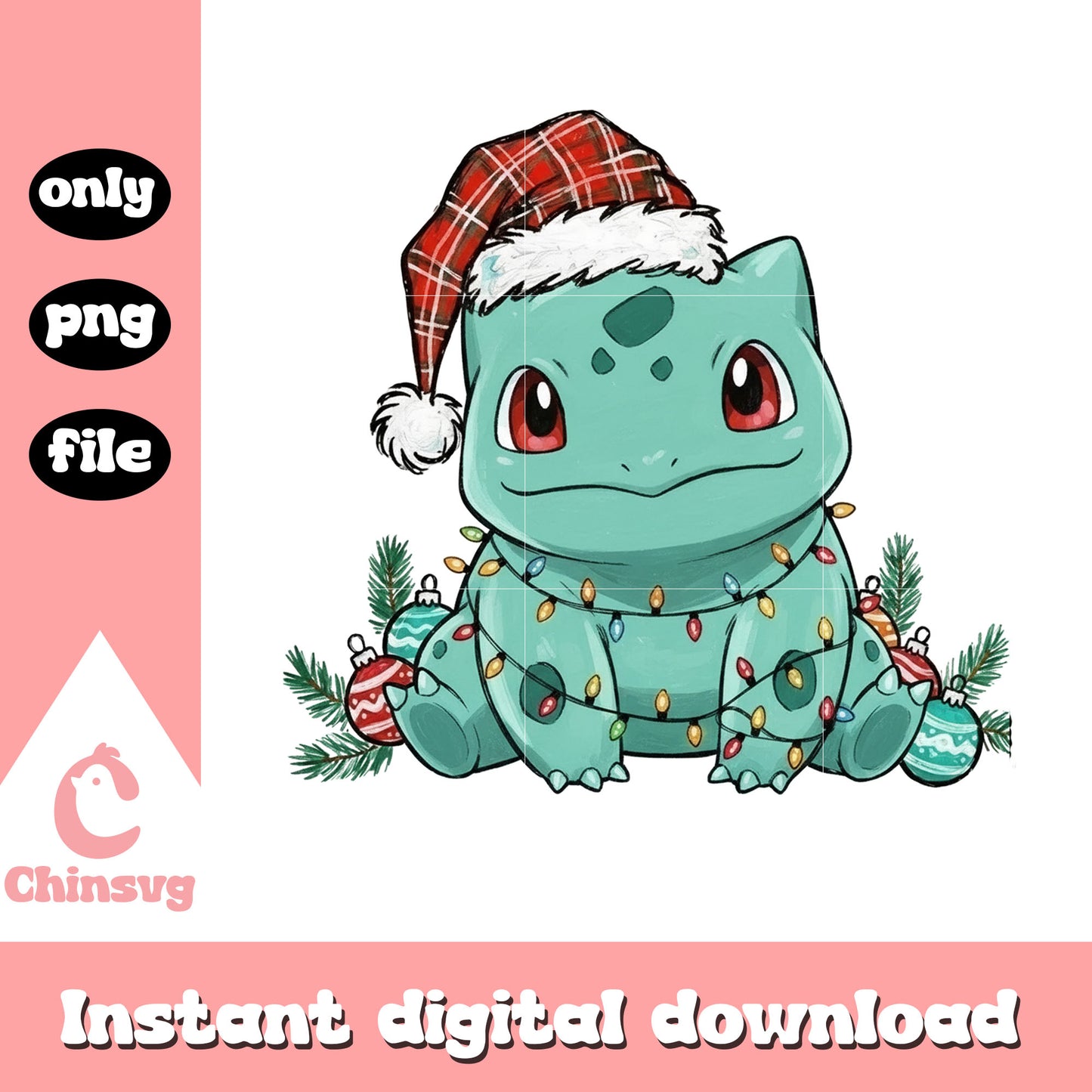Santa bulbasaur christmas balls design png, bulbasaur pokemon​ png
