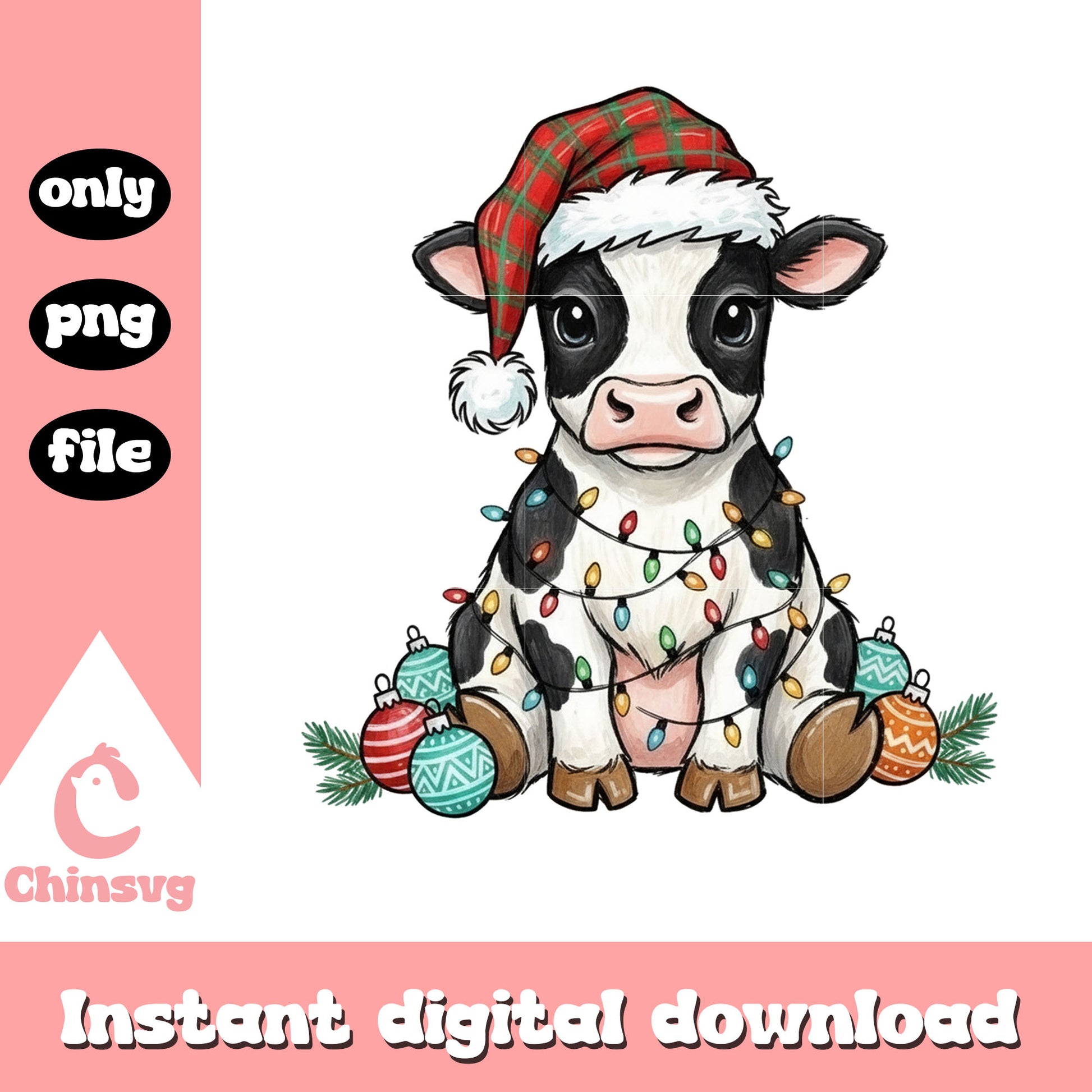 Santa cow christmas balls design png, christmas cow png