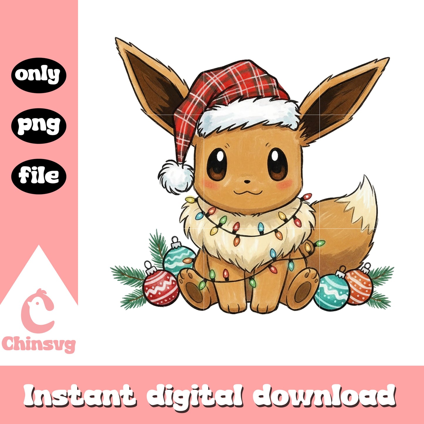 Santa eevee christmas balls design png, eevee pokemon​ png