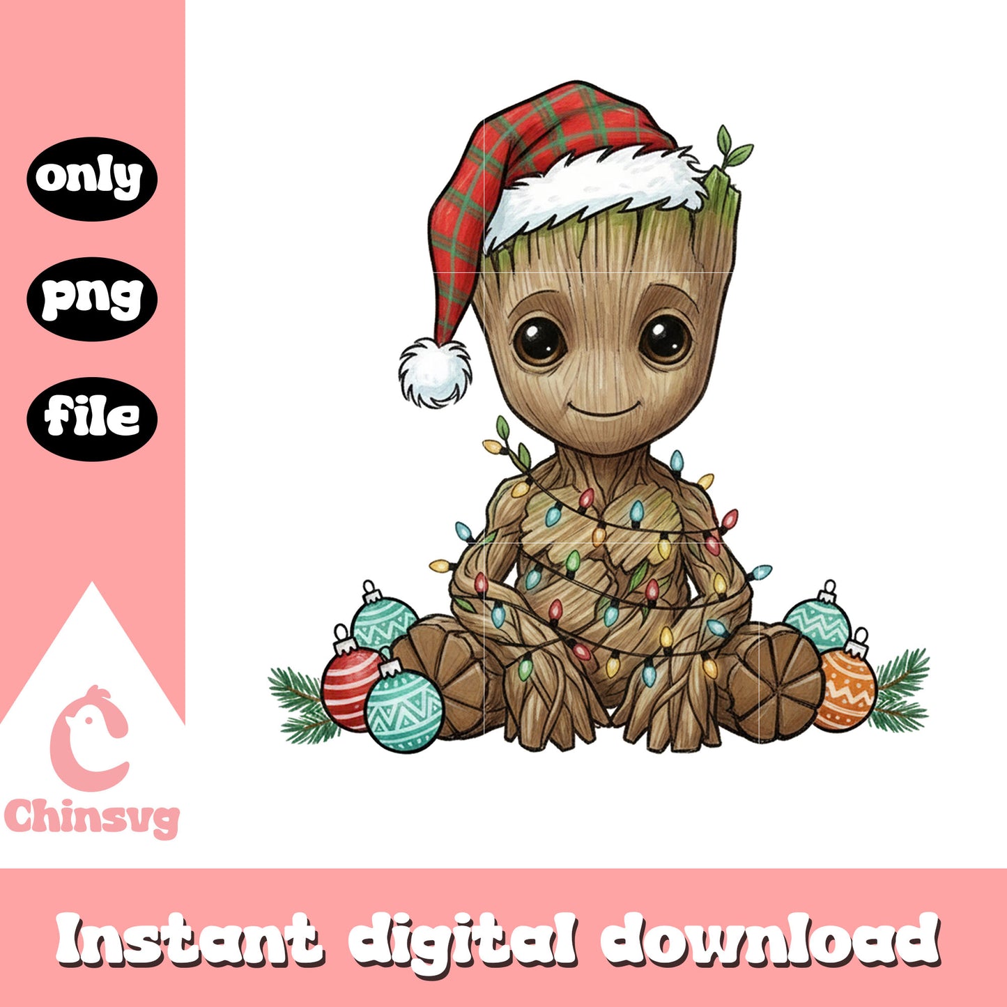 Santa groot christmas balls design png, groot marvel png