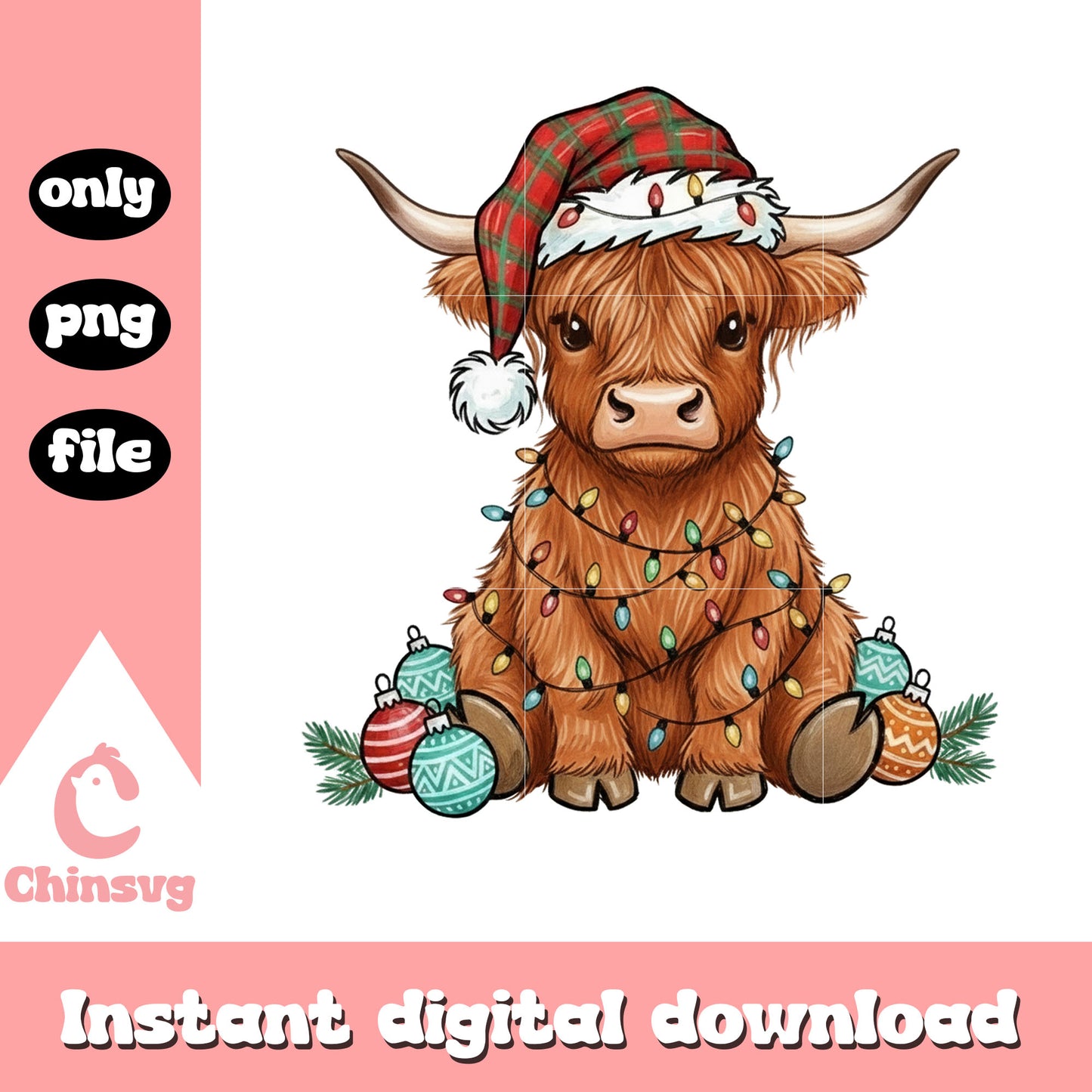 Santa highland cow christmas balls png, highland cow png