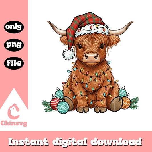 Santa highland cow christmas balls png, highland cow png