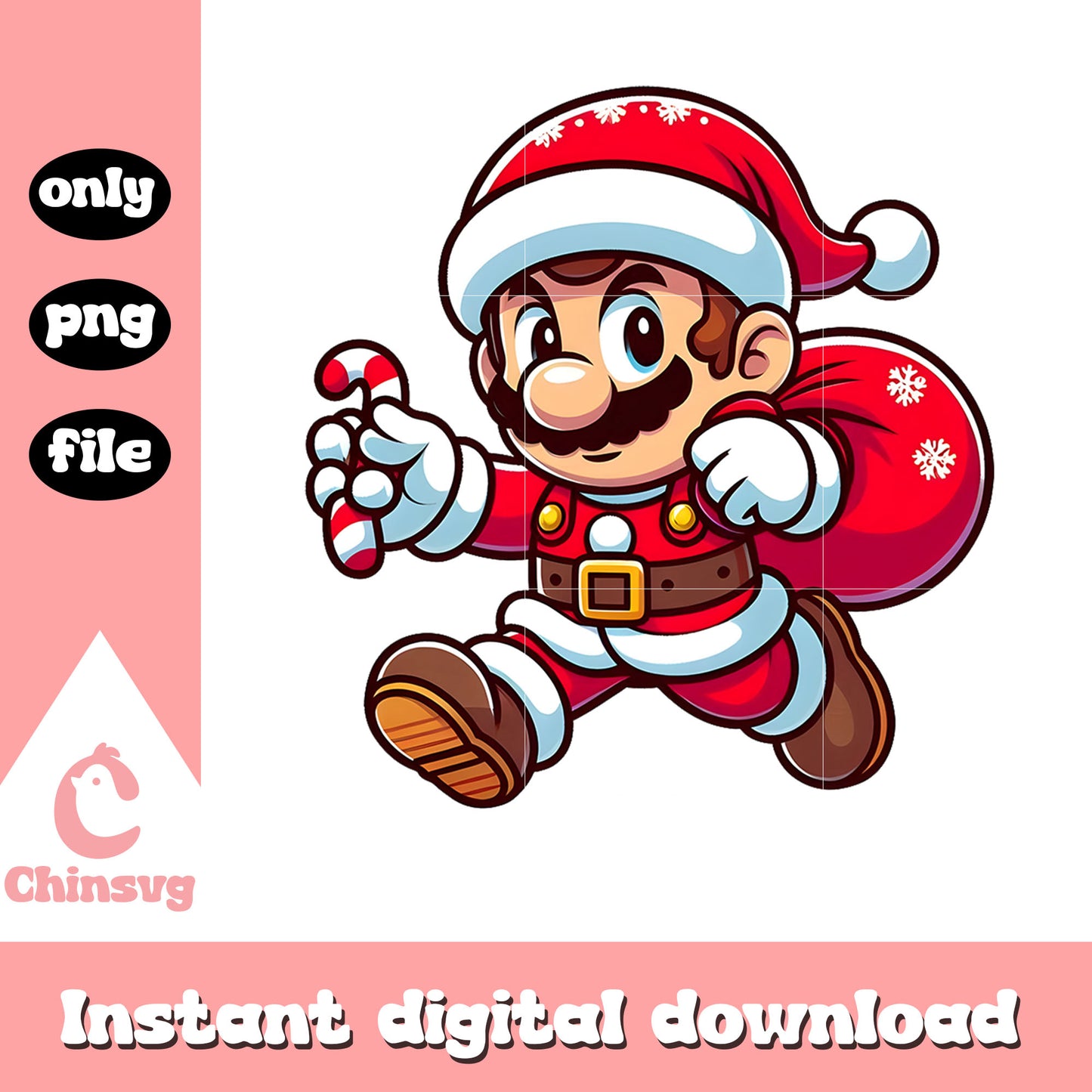 Santa mario carry gift bag christmas png, mario christmas png