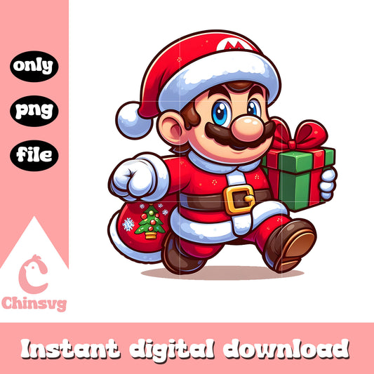 Santa mario hand gift box christmas png, christmas mario png