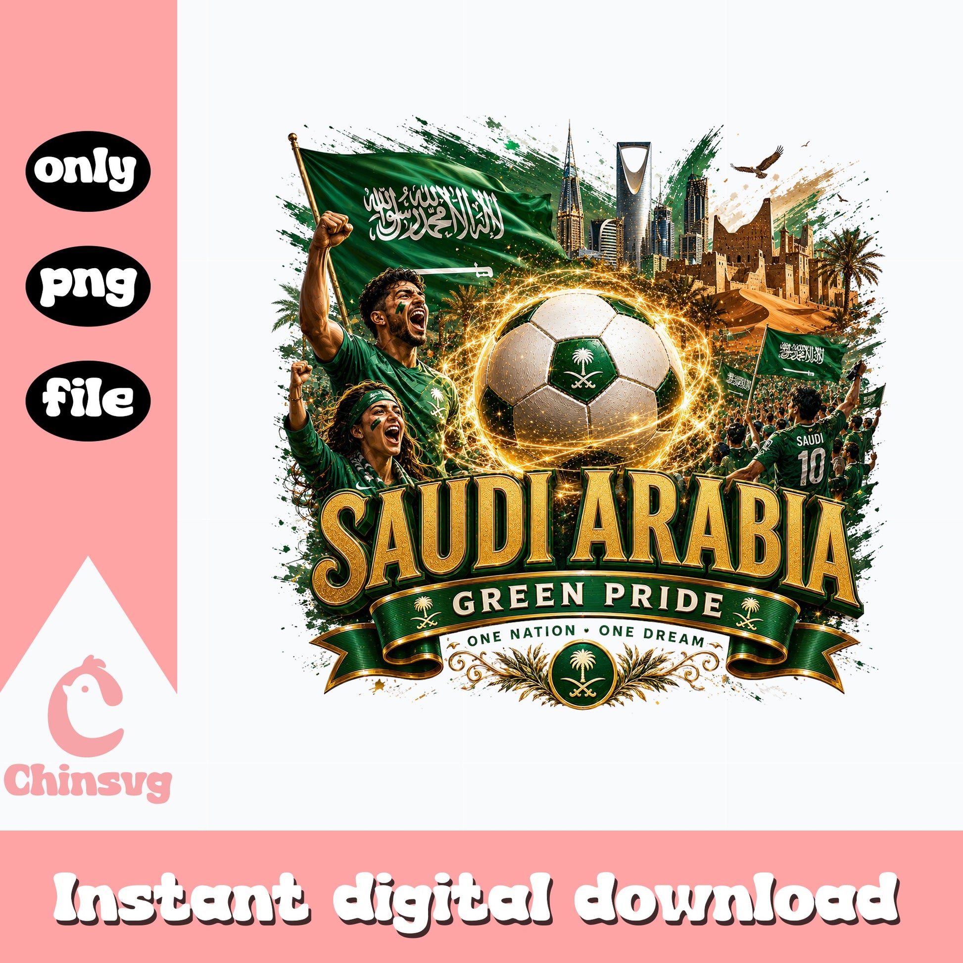 Saudi Arabia Soccer Green Pride PNG, Football Fan PNG, One Nation PNG