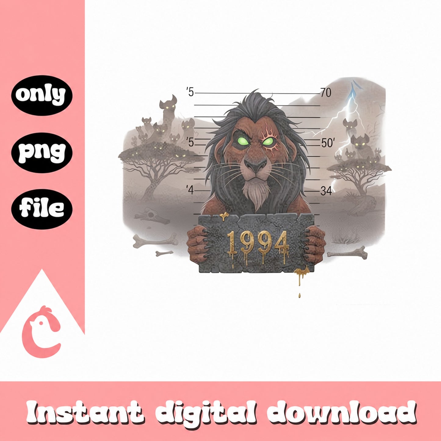 Scar Lion King Mugshot 1994 PNG, Disney Villain Clipart, Instant Download PNG