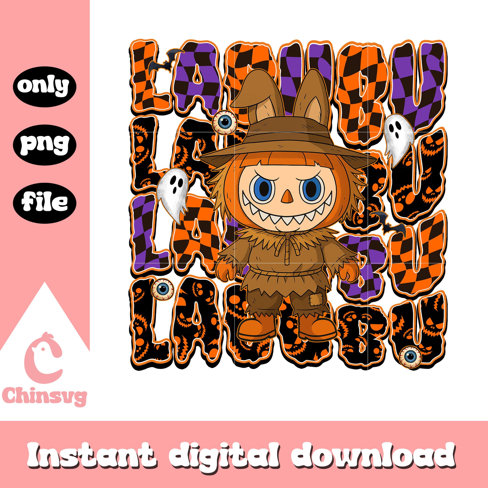 Scarecrow monster labubu doll png, horror halloween png