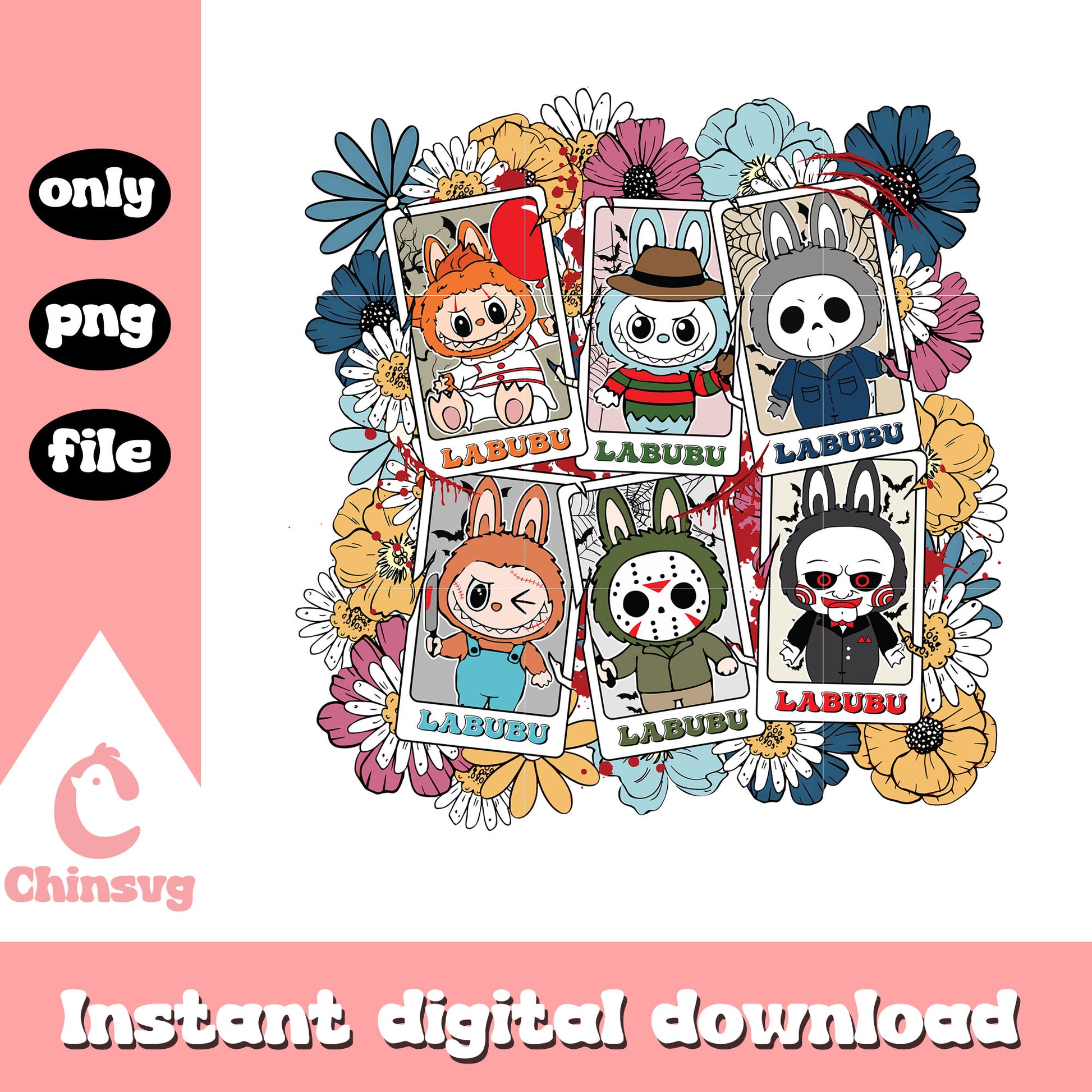 Scary characters labubu halloween card flower design png, halloween png