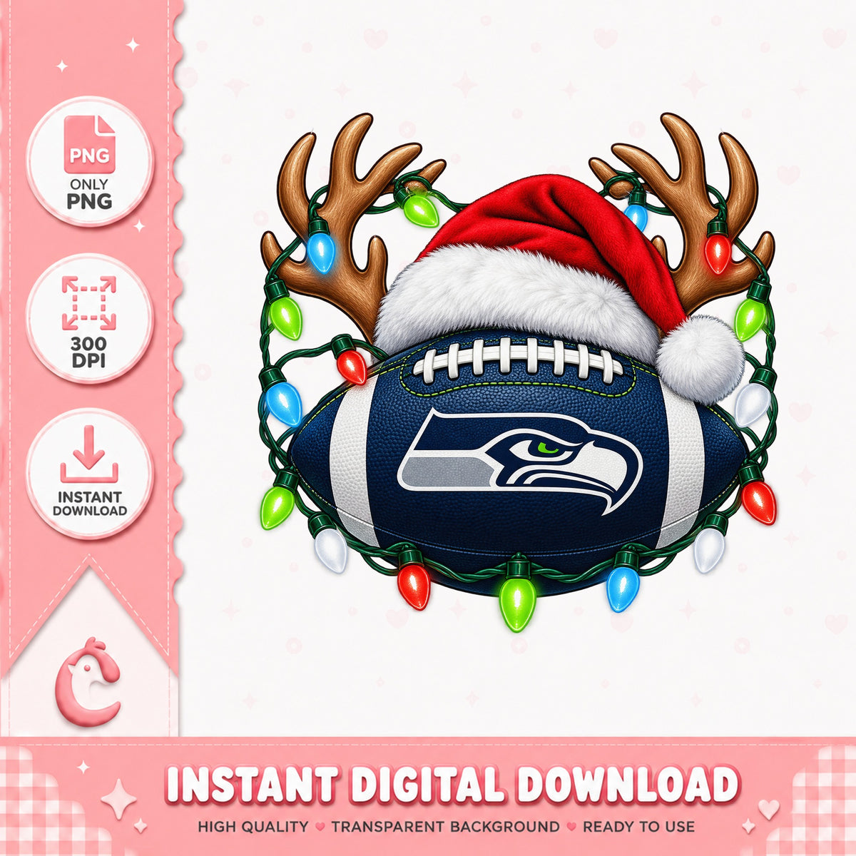 Seattle Seahawks Christmas PNG, Football Reindeer, Santa Hat PNG