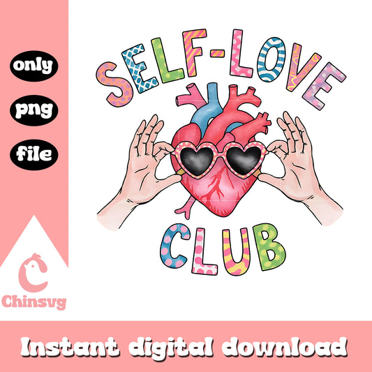 Self love club design png, cool heart png, valentine png