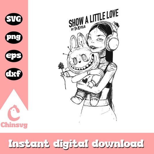 Show a little love labubu black white drawing svg, labubu svg