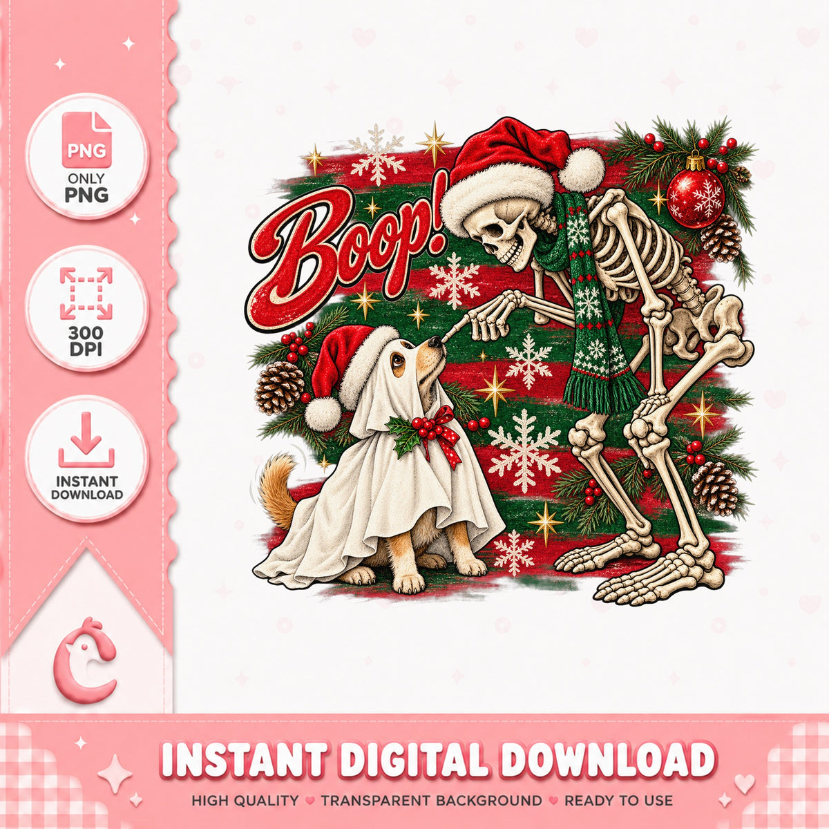 Skeleton Dog Boop Christmas PNG, Funny Santa Hat Ghost Dog, Holiday PNG