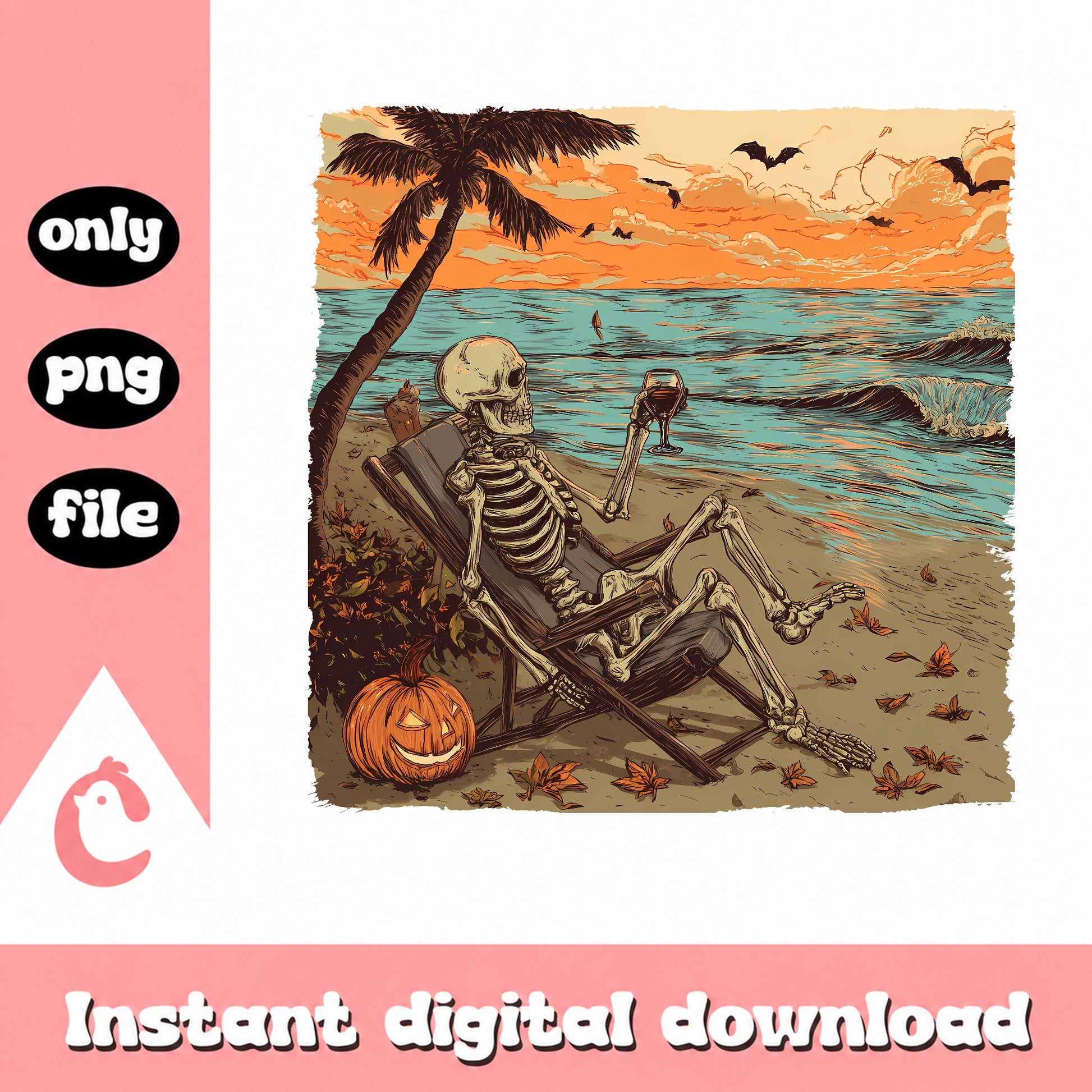 Skeleton Drinking Wine On Beach PNG, Halloween PNG, Spooky Season PNG