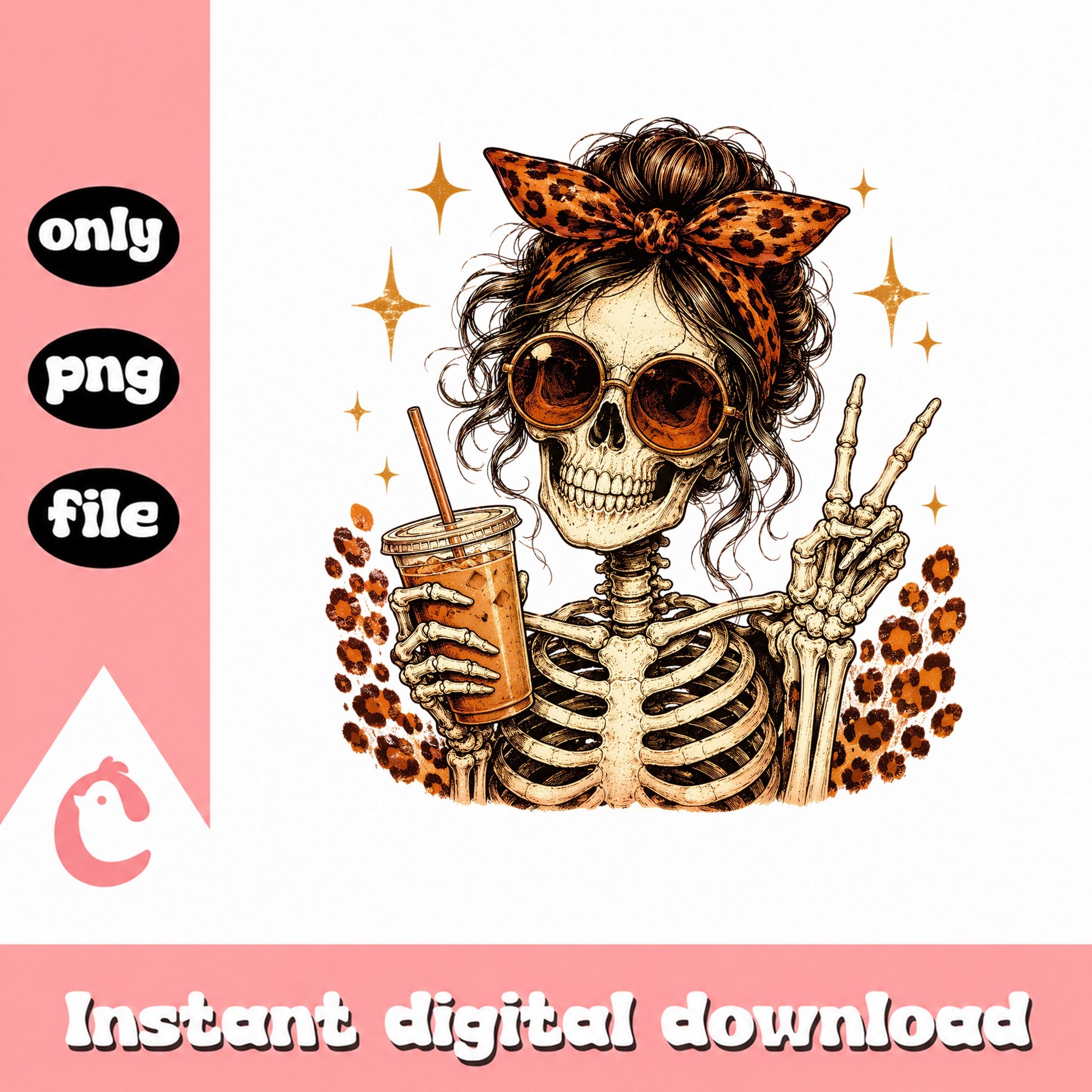 Skeleton Messy Bun Coffee PNG, Leopard Skull Girl, Halloween PNG
