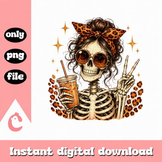 Skeleton Messy Bun Coffee PNG, Leopard Skull Girl, Halloween PNG