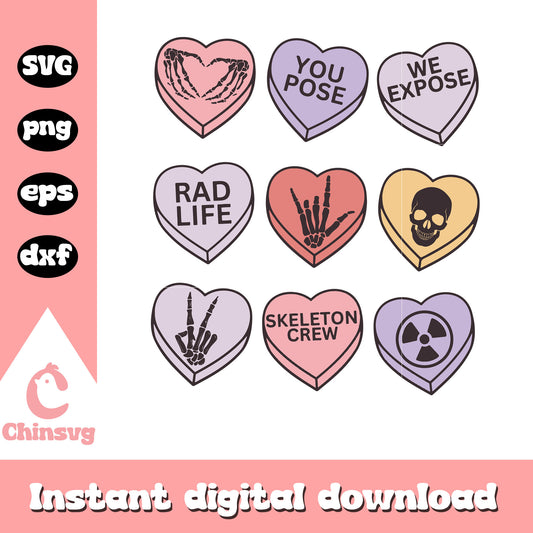 Skeleton and candy heart valentine svg, human skeleton svg