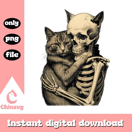 Skeleton hugging cat halloween design png, halloween skeleton​ png