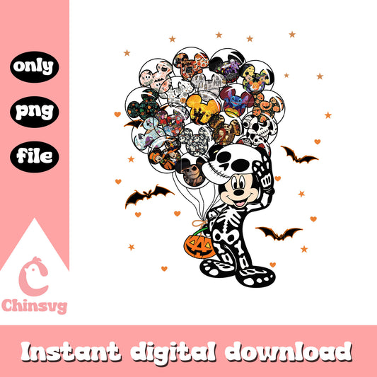 Skeleton mickey mouse with character balloons art png, halloween day png