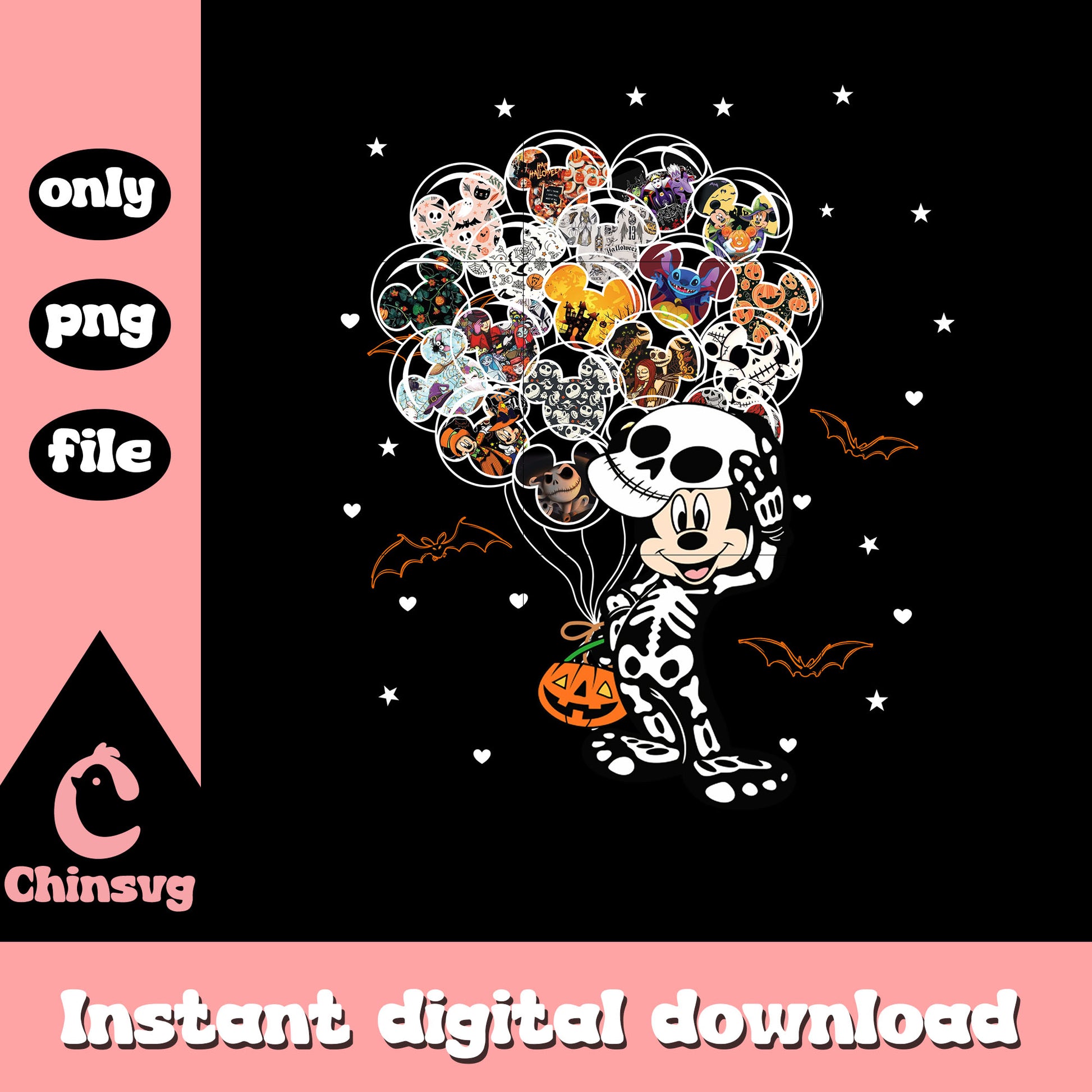 Skeleton mickey mouse with character balloons design png, halloween png