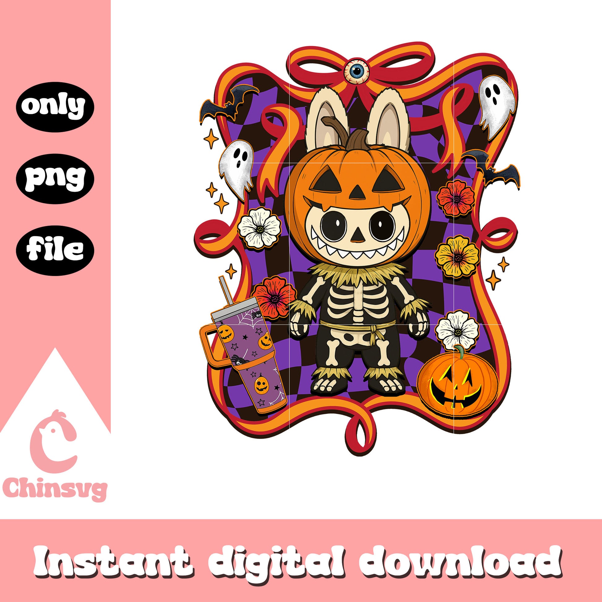 Skeleton pumpkin halloween labubu bow png, skeleton halloween png