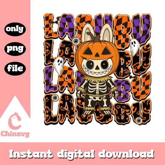 Skeleton pumpkin labubu doll design png, skeleton png, halloween png