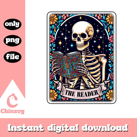 Skeleton reading book png, reader tarot card png, tarot card png
