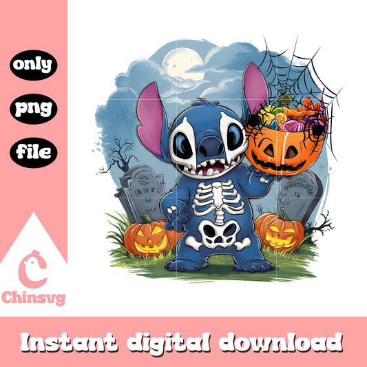 Skeleton stitch horror halloween pumpkin vibes png, stitch halloween png