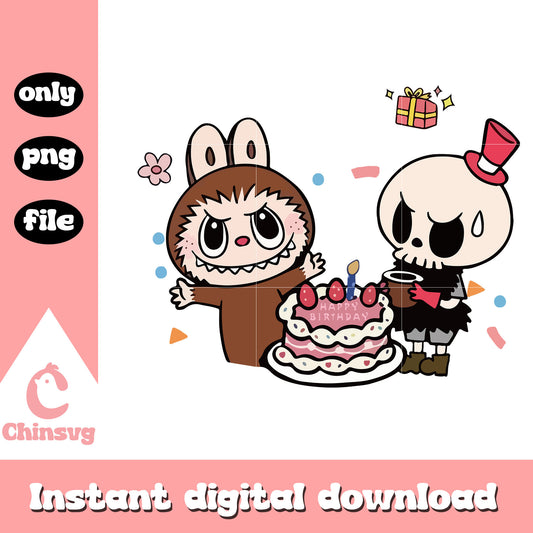 Skull birthday and labubu cute doll design png, labubu dolls png