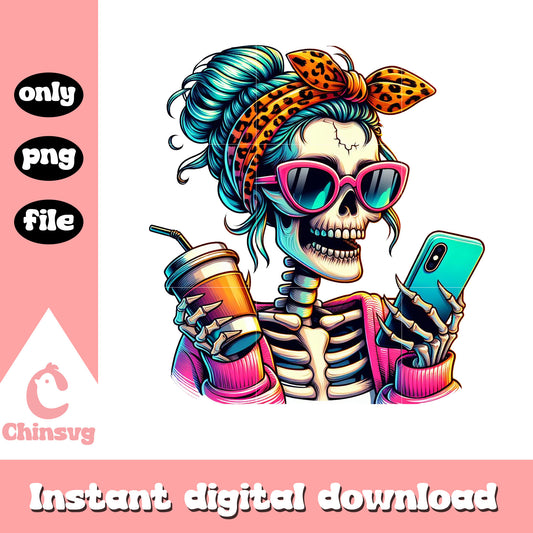 Skull mom love coffee png, love coffee png, messy bun png