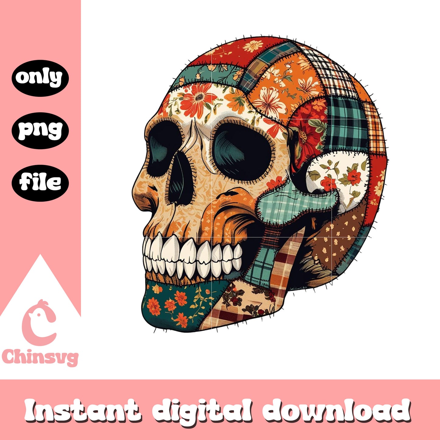 Skull patchwork halloween design png, halloween decorations png