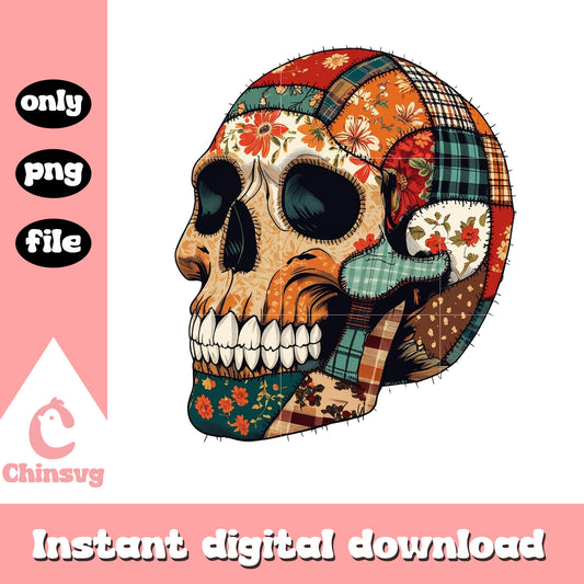 Skull patchwork halloween design png, halloween decorations png