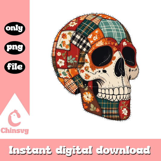 Skull vintage patchwork designpng, halloween day png
