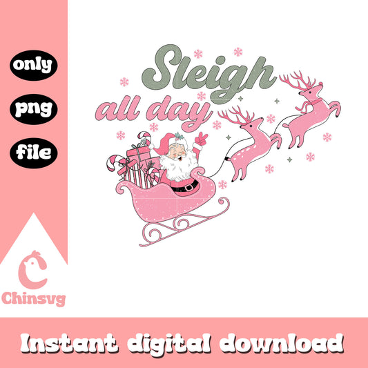 Sleigh all day santa flying design png, santa claus pink​ png