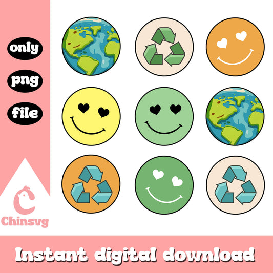 Smile emoji and earth planet png, earth day facts​ png