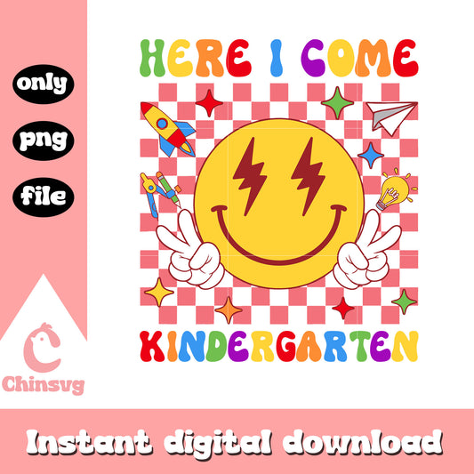 Smiley face here i come kindergarten png, back to school sign png