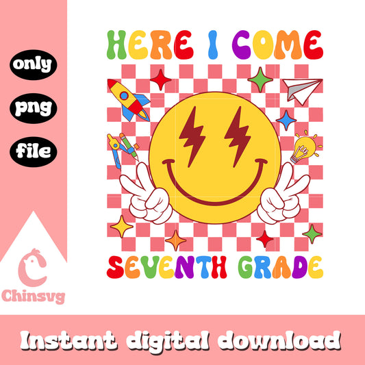Smiley face here i come seventh grade png, back to school font png