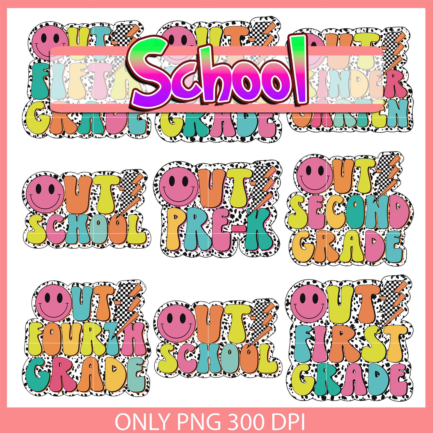 Smiley face out school design bundle png, back to school quote png