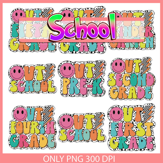 Smiley face out school design bundle png, back to school quote png