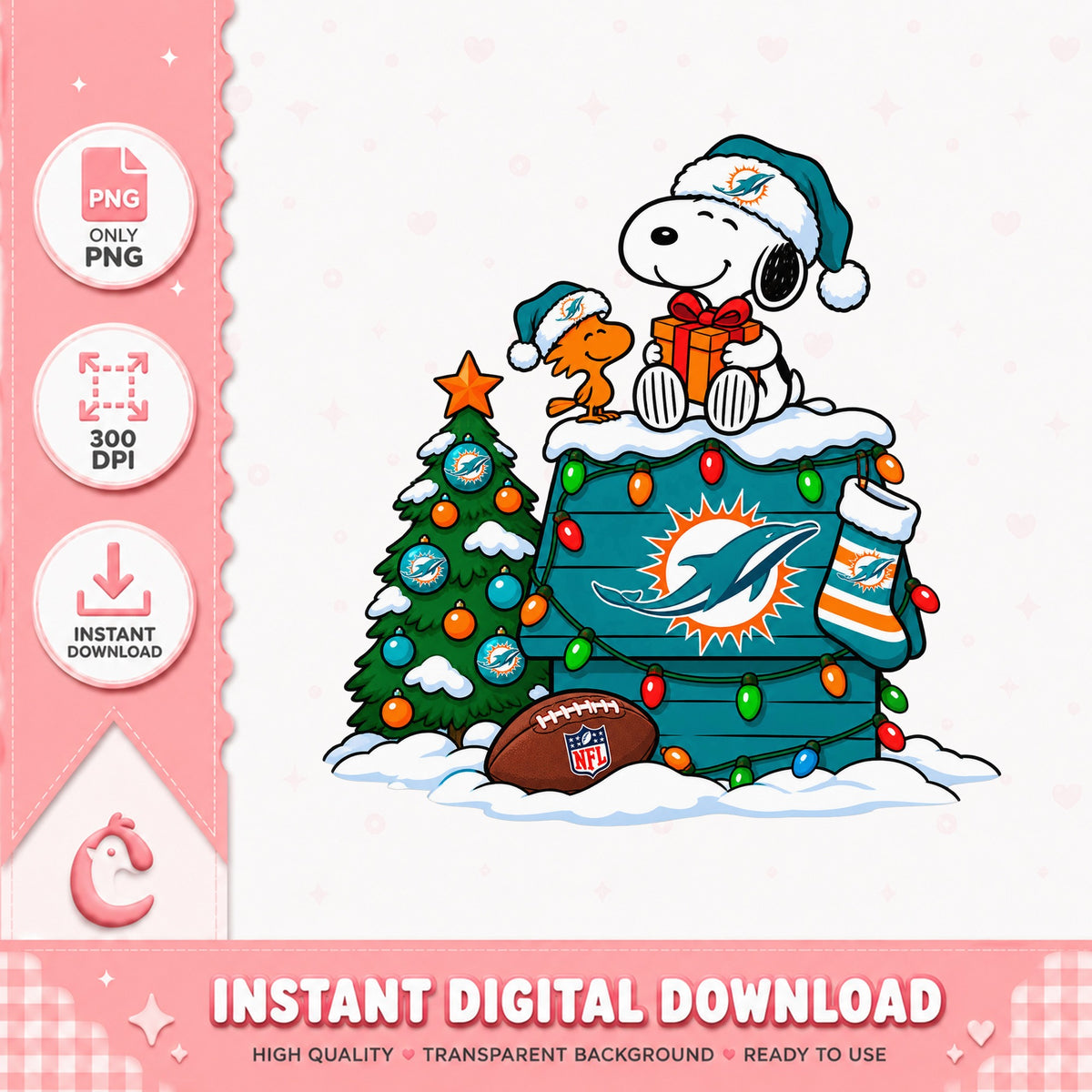 Snoopy Miami Dolphins Christmas PNG, NFL Holiday Decor, PNG