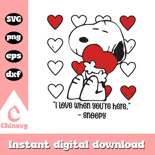 Snoopy hug heart I love when you're here svg, Snoopy quotes svg