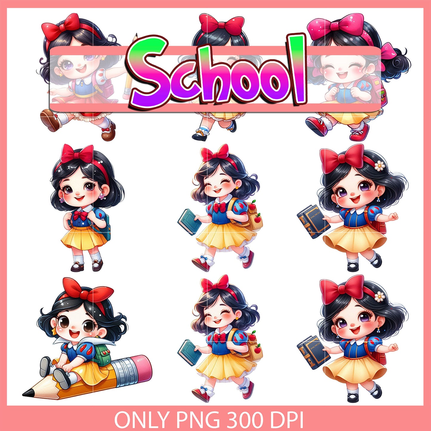 Snow white back to school design bundle png, snow white princess png