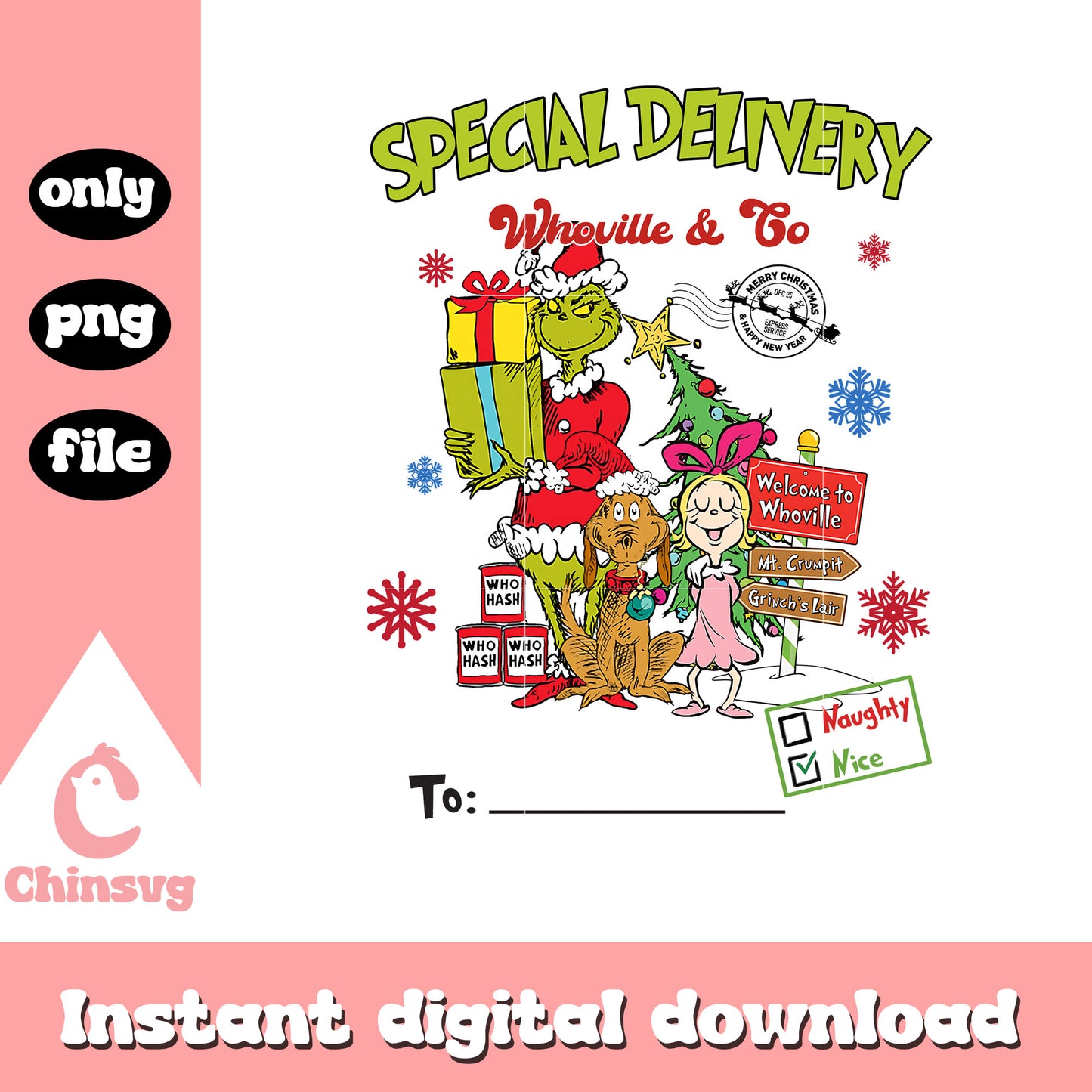 Special delivery whoville and co xmas png, grinch vintage png