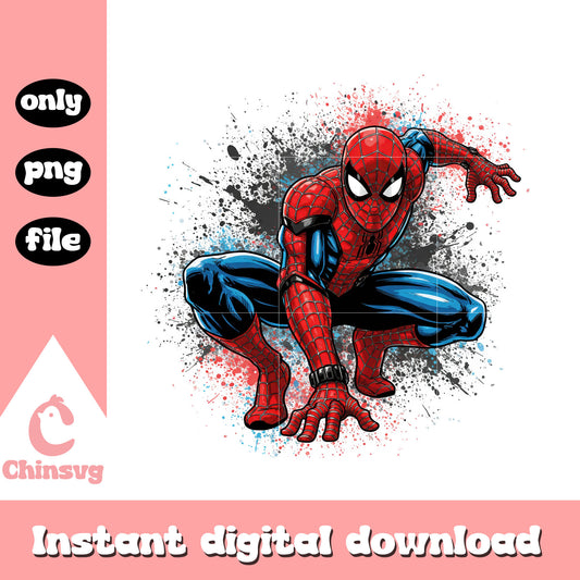 Spiderman posing splatter effect design png, spiderman marvel png