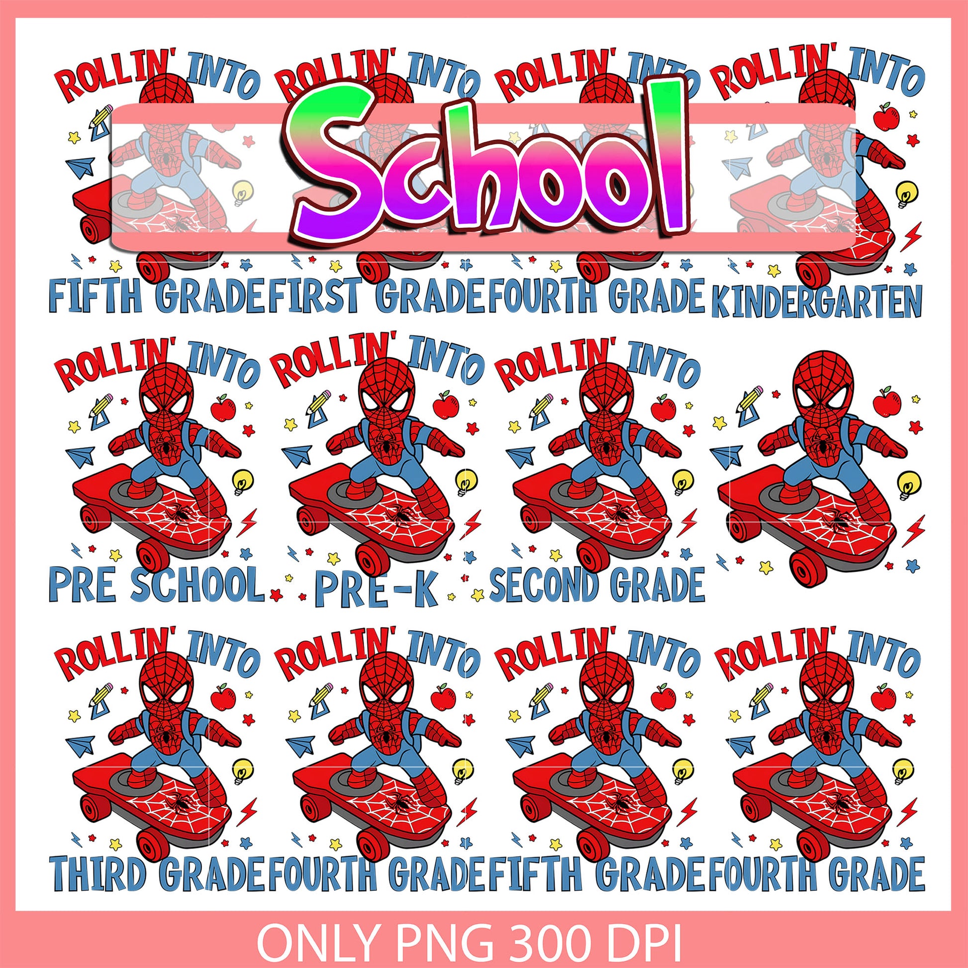 Spiderman rollin into school design bundle png, spiderman art png