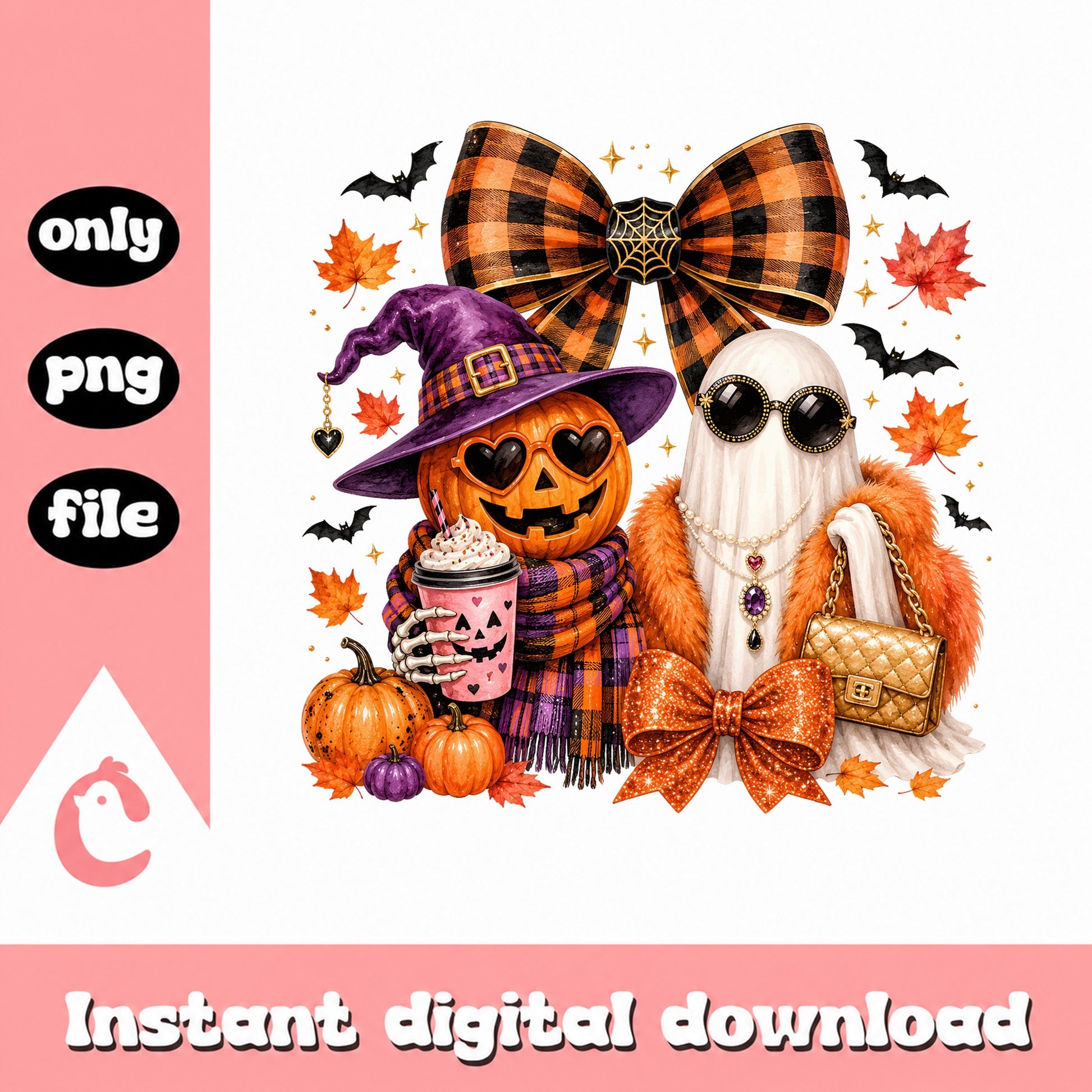 Spooky Ghost Pumpkin Halloween PNG, Coquette Bow PNG, Fall PNG