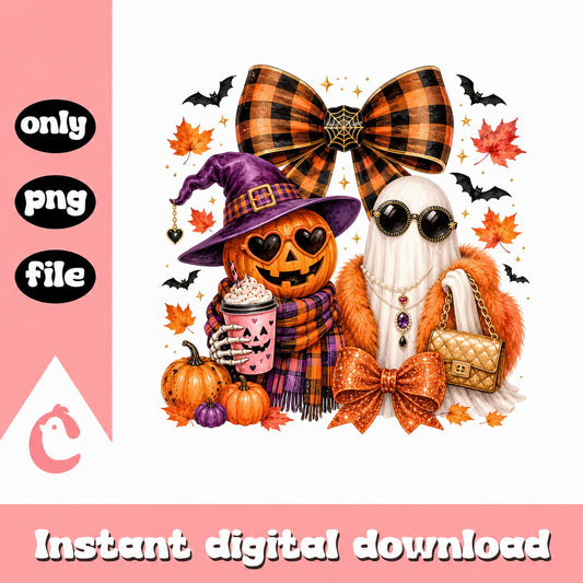 Spooky Ghost Pumpkin Halloween PNG, Coquette Bow PNG, Fall PNG