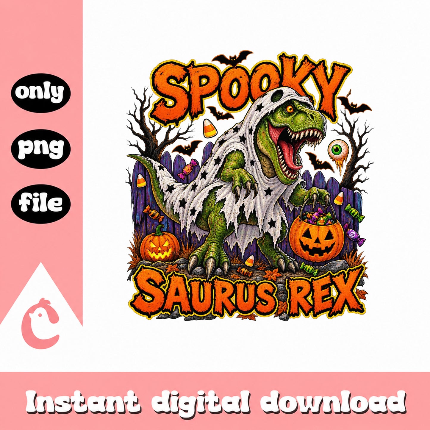 Spooky Saurus Rex Halloween PNG, Dinosaur Ghost Design, PNG File