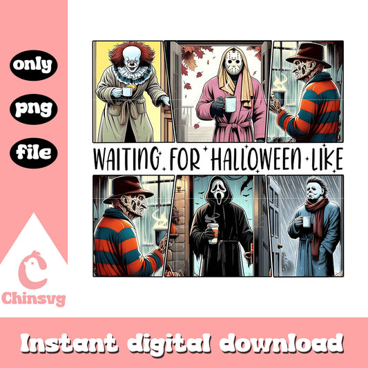 Spooky characters coffee waiting for halloween png, happy halloween png