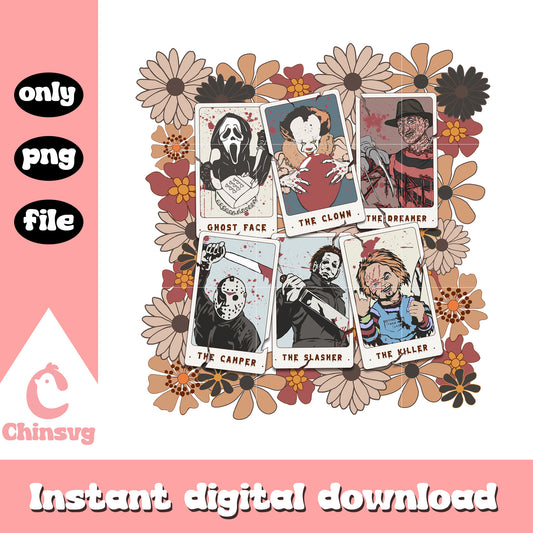 Spooky characters collage picture floral png, trick or treat png