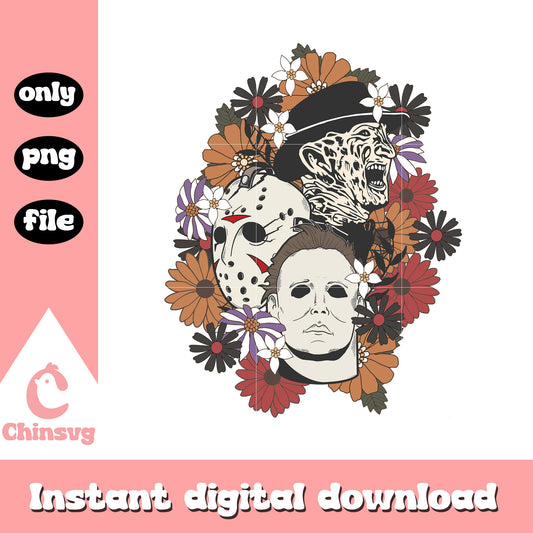 Spooky characters halloween floral png, halloween horror movie png